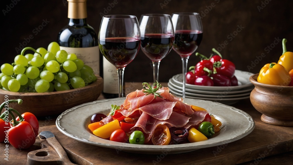 Sumptuous spread of food, wine graces rustic wooden table. In foreground, assortment of cured meats, colorful bell peppers, cherry tomatoes garnished with sprig of rosemary fills plate.