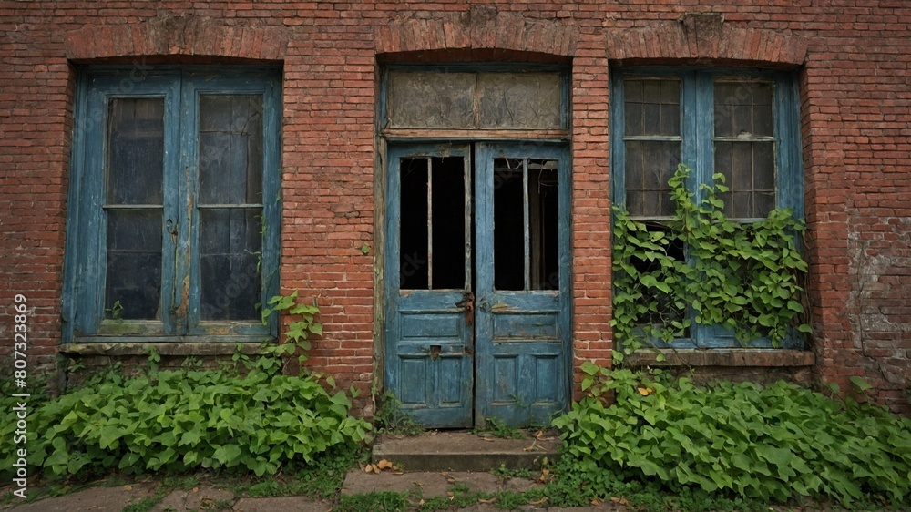 Weathered blue door, flanked by two windows with matching shutters, partially broken, revealing darkness within old brick building. Green foliage grows abundantly at base of structure.