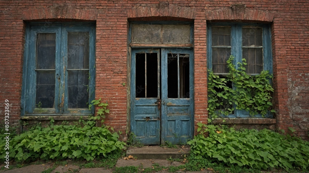 Fototapeta premium Weathered blue door, flanked by two windows with matching shutters, partially broken, revealing darkness within old brick building. Green foliage grows abundantly at base of structure.