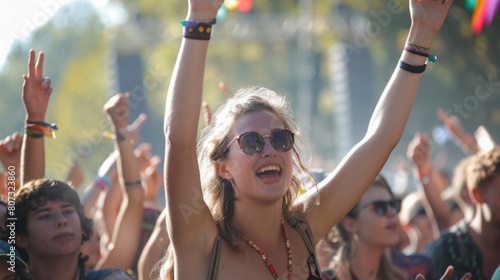 A woman energetically raises her arms in the air amidst a lively music festival crowd. photo