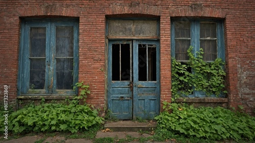 Weathered blue door, flanked by two windows with matching shutters, partially broken, revealing darkness within old brick building. Green foliage grows abundantly at base of structure.