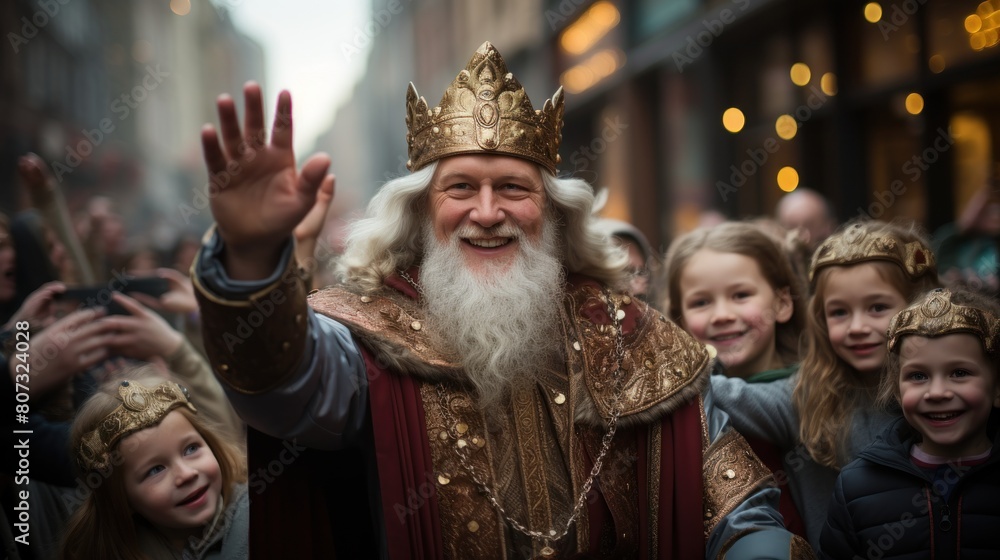 Joyful Sinterklaas Celebration in the City with Children and Festive Crowd