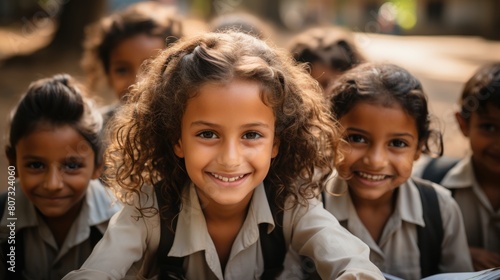 Joyful School Children in Uniforms Smiling in Outdoor Setting, Sri Lanka photo