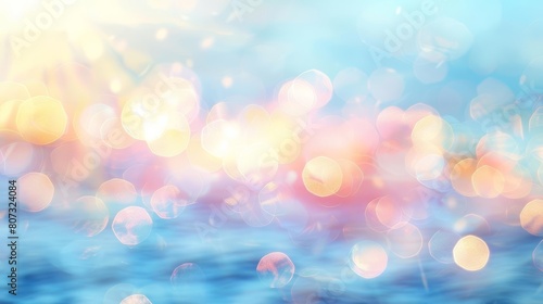 abstract blurred background with pastel colors and bokeh effects, light blue sky and sun rays in the style of an impressionist painter