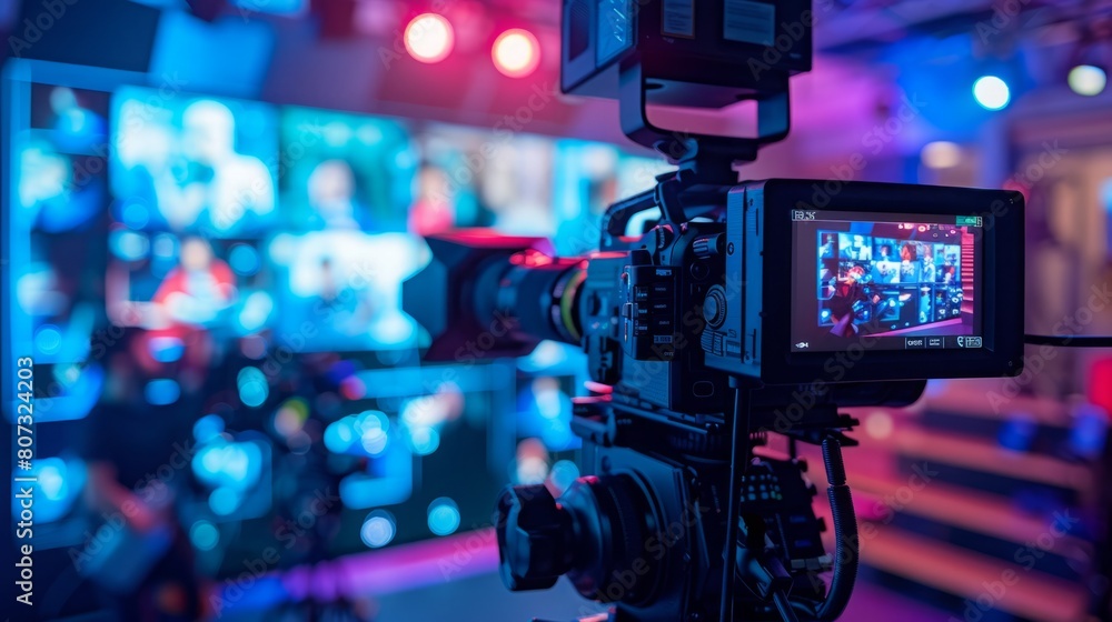 A video camera is positioned in front of a television screen, capturing the scene playing on the screen.