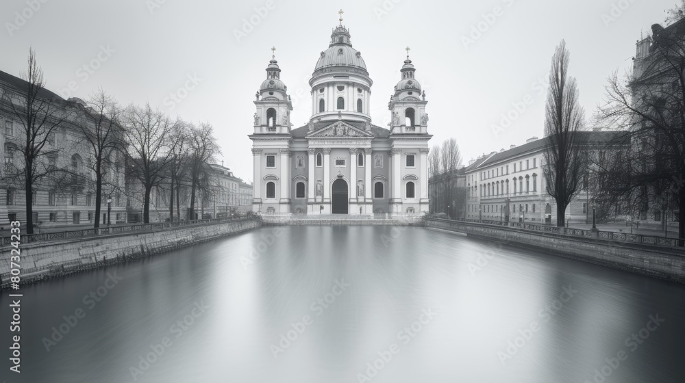 Serene View of St. Charles Church and Karlsplatz in Misty Vienna, Monochrome Architectural Photography
