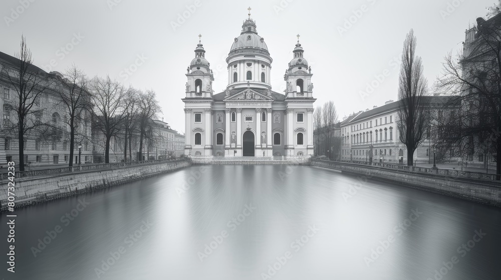 Serene View of St. Charles Church and Karlsplatz in Misty Vienna, Monochrome Architectural Photography Serene View of St. Charles Church and Karlsplatz in Misty Vienna, Monochrome Architectural Photography