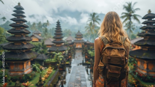 Woman With Backpack Gazing at Balinese Temple in Misty Mountains  Tropics