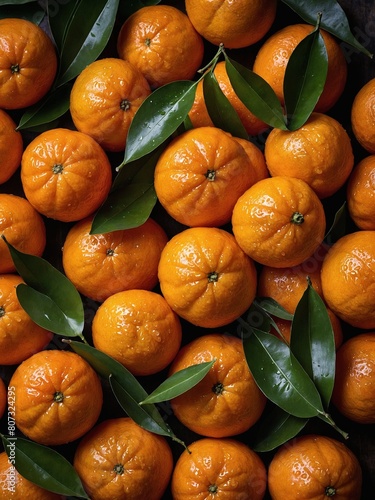 Cluster of mandarins, vibrant, fresh, with water droplets glistening on their textured orange skins. Nestled among lush green leaves, mandarins create vivid contrast, emphasizing their freshness.