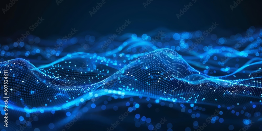 Abstract digital background with blue glowing dots and wavy lines on ...