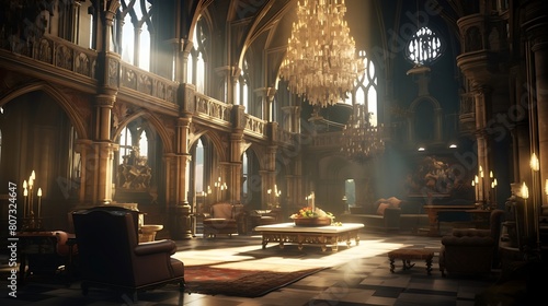 a scene featuring a grand, gothic-inspired living space, complete with towering ceilings, a flickering fireplace, opulent chandeliers, and decadent rococo detailing throughout photo