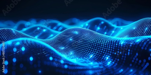 Abstract digital background with blue glowing dots and wavy lines on dark blue background Big data, futuristic technology concept Abstract wave moving from left to right