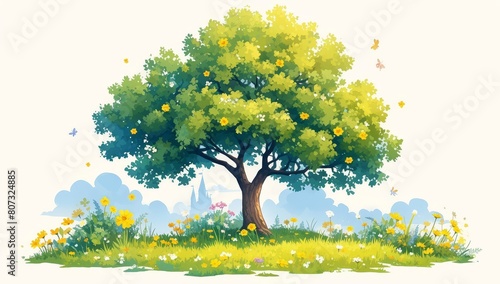 Colorful cartoon tree with flowers and fairy castle in the background on white background