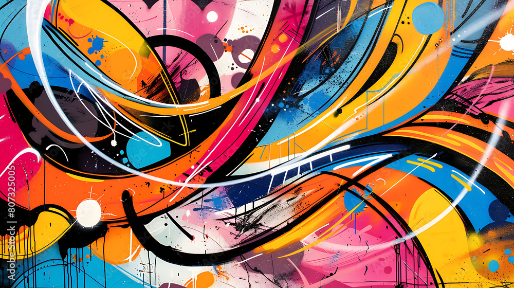 a vibrant and dynamic graffiti artwork. It features a mix of bright colors, including orange, pink, blue, yellow, and black