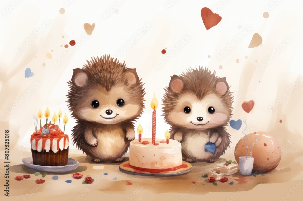 Fototapeta premium Watercolor illustration of cute hedgehogs with birthday cakes. Greeting card, poster, banner for children
