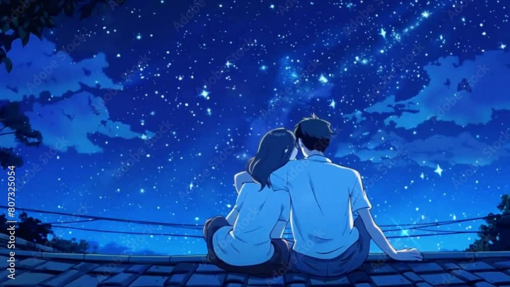 A couple sits on a hill, watching stars twinkle as soft lo-fi music, Valentine's day romantic love chill anime lo-fi hip hop vibe. Seamless loop. motion graphics, Japanese 2D anime 4K animation video