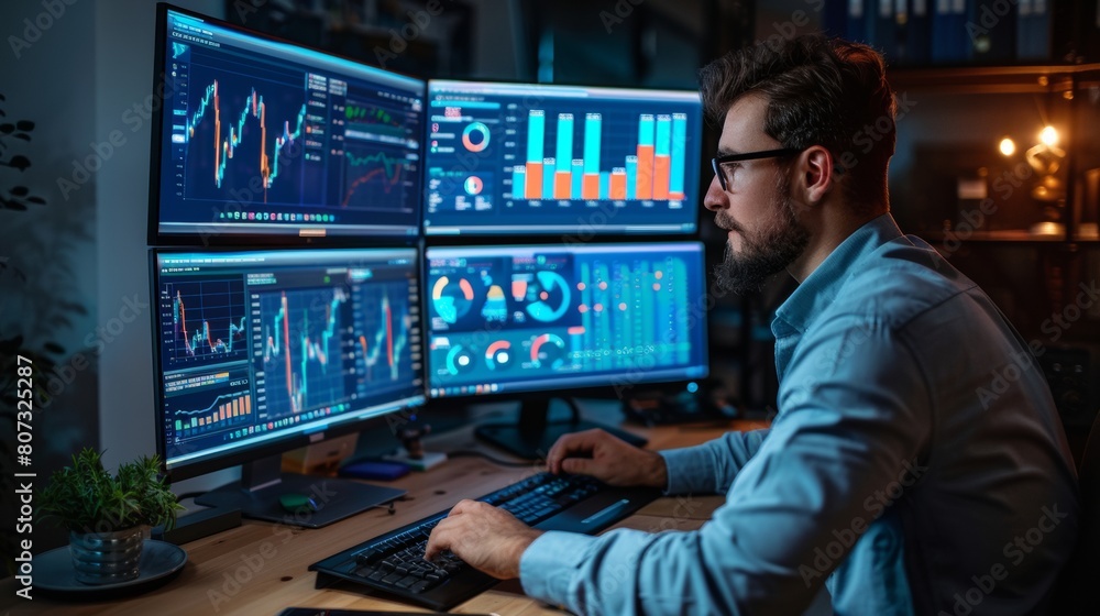 Professional analyzing intricate financial data on multiple computer screens in a dimly lit workspace Professional analyzing intricate financial data on multiple computer screens in a dimly lit workspace