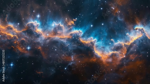 amazing nebula, dark blue and orange, stars in background, cinematic, epic, space, galaxy, universe, fantasy © tanapat
