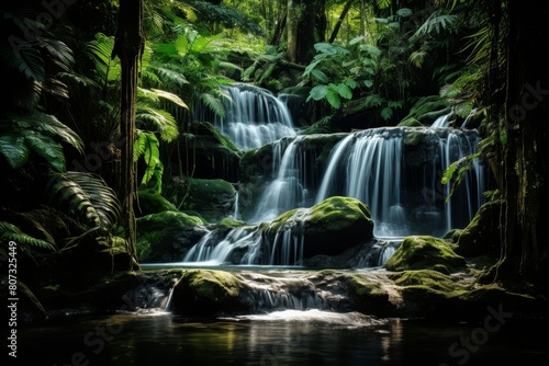 Serene Waterfall in Lush Tropical Jungle