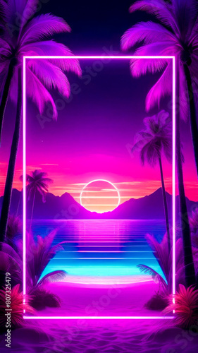 Neon violet sign frame with purple background and red sun in center, surrounded by palm trees and beach. Abstract synthwave style background.