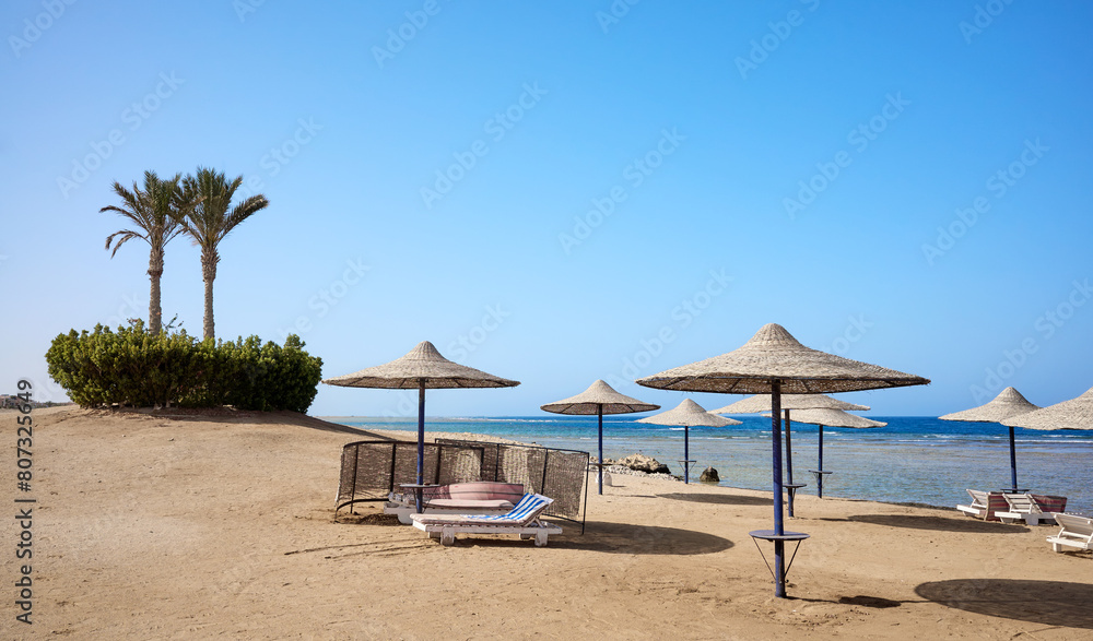 Beautiful sandy beach with sun loungers and umbrellas, Marsa Alam region, Egypt.