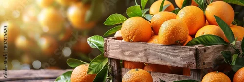 Obraz  z motywem Sun drenched citrus orchard brimming with ripe oranges in rustic wooden crate under golden sunlight