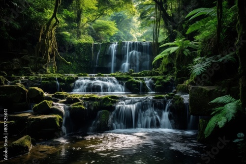 Lush green tropical waterfall in forest