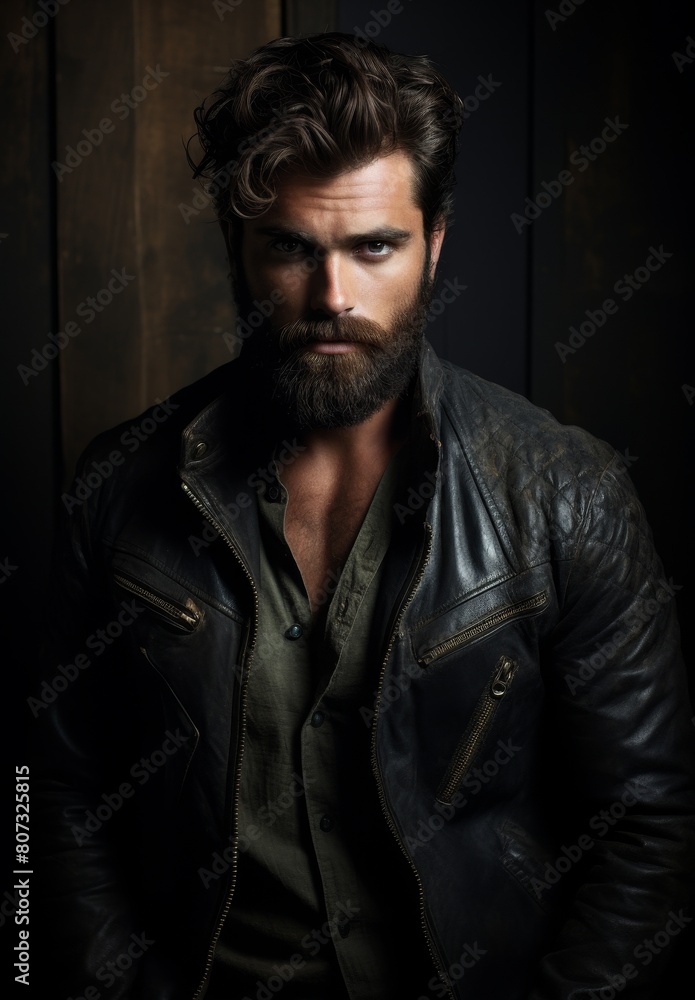 Rugged man with beard in leather jacket