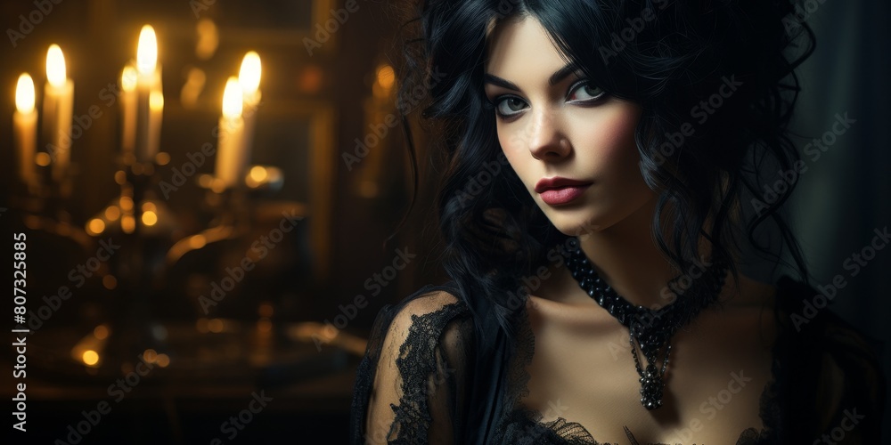 Mysterious woman in dark attire with candles Mysterious woman in dark attire with candles
