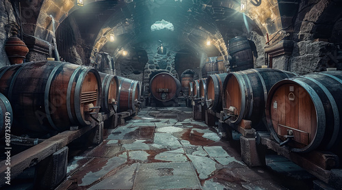 Wine cellar with wooden barrels in an old stone building. Generative AI.