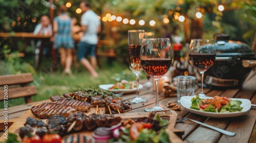 a table in nature  barbecue  wine glasses