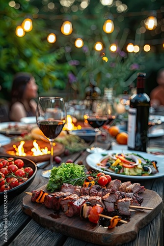 a table in nature, barbecue, wine glasses