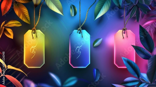 Three tags with different colors hanging from a blue background photo