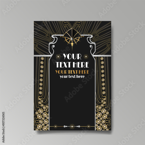 Modern Art Nuevo luxury template golden-black, A4 page, menu, card, invitation, lines flowers and city lights