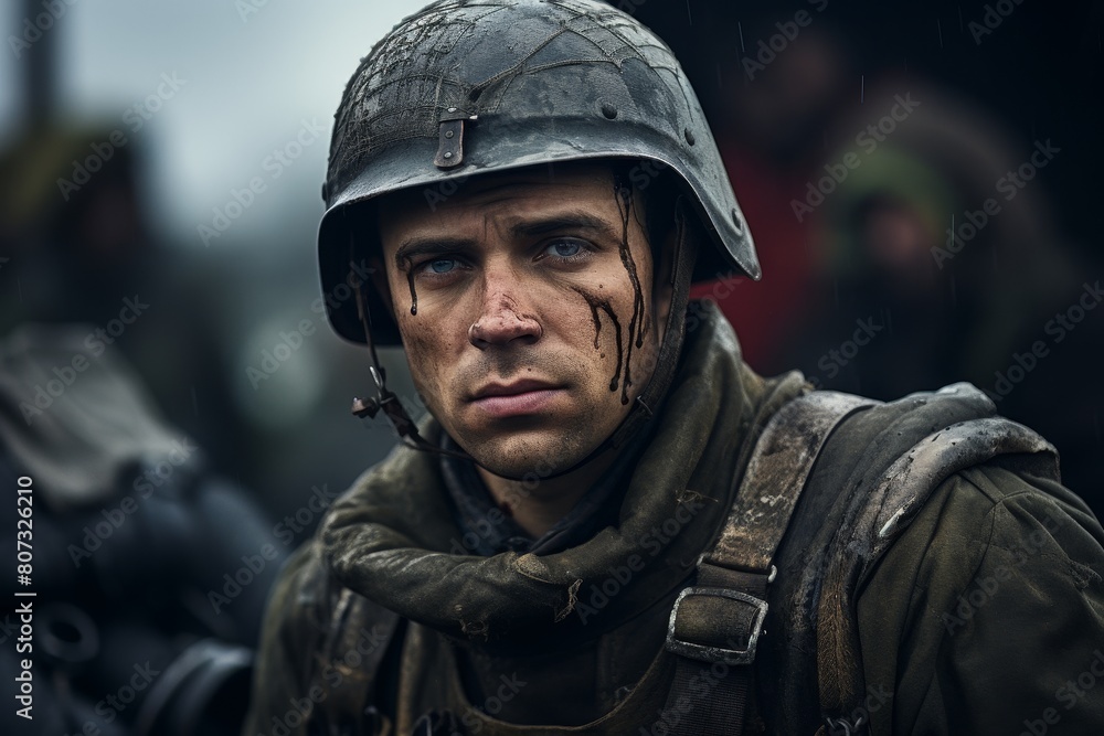 Gritty portrait of a battle-worn soldier