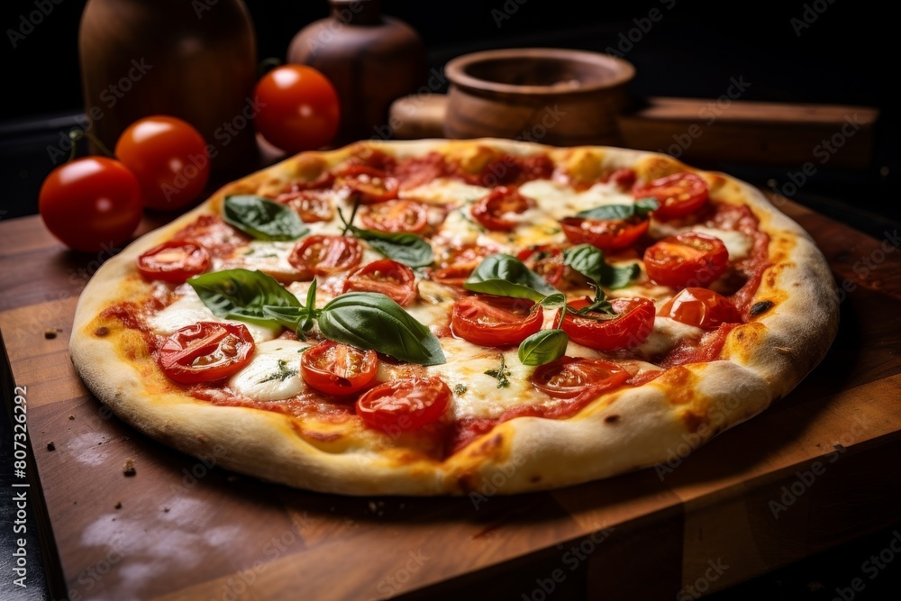 Delicious homemade pizza with fresh tomatoes and basil