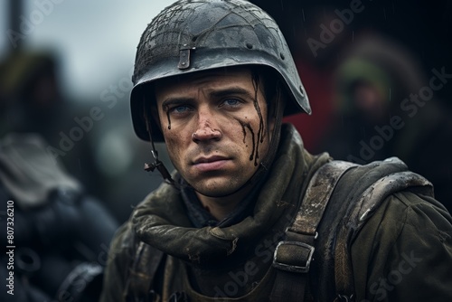 Gritty portrait of a battle-worn soldier