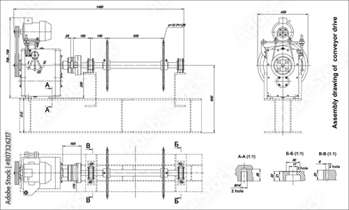 Assembly drawing of conveyor drive. 
Vector cad scheme of steel mechanical device with shaft, gear, 
electric engine, bearing, bolted connection and dimension lines.
Engineering background. 
