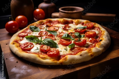 Delicious homemade pizza with fresh tomatoes and basil