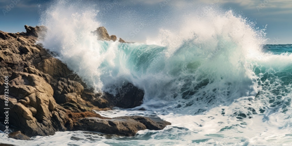 Obraz premium Powerful ocean wave crashing against rocky coastline
