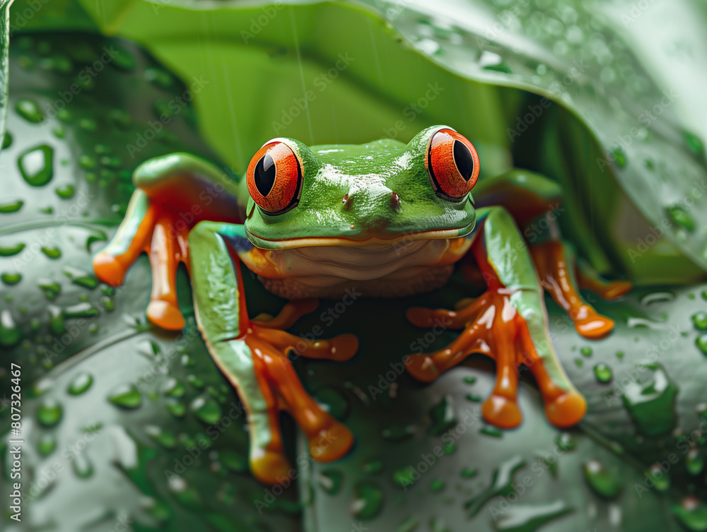 Fototapeta premium A Red-eyed tree frog on a leaf with blurred background