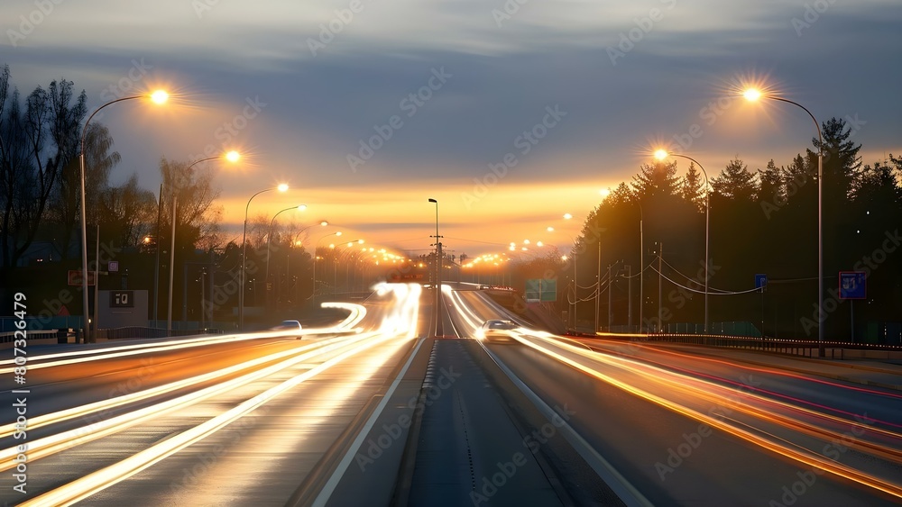 Smart streetlights adjust lighting based on traffic for safety and energy efficiency. Concept Smart Streetlights, Traffic Management, Safety Improvements, Energy Efficiency, Sustainable Technology