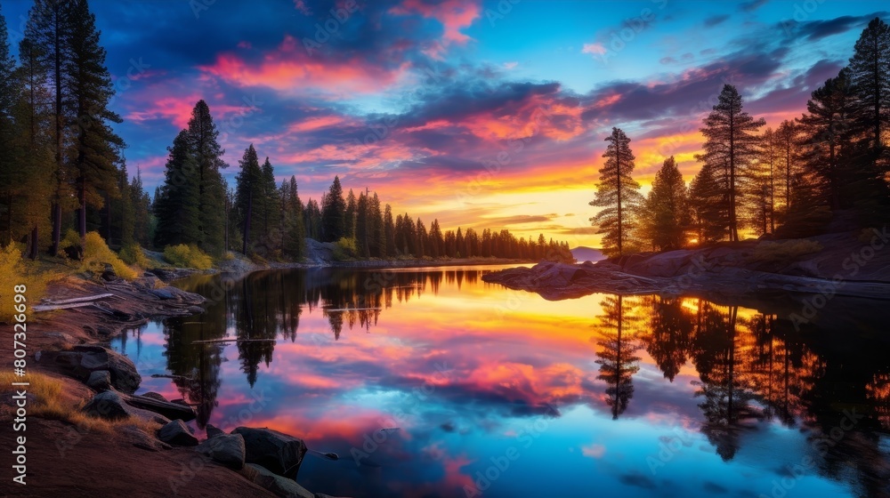 Stunning sunset over a serene mountain lake Stunning sunset over a serene mountain lake