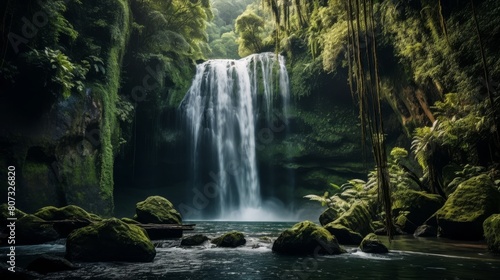 Lush tropical waterfall in dense forest