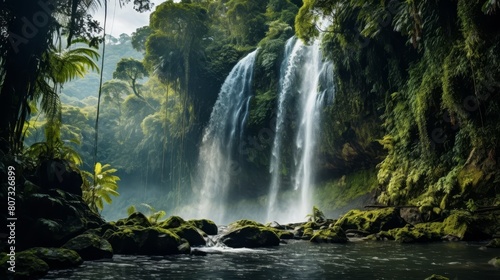 Lush tropical waterfall in a dense jungle © Balaraw