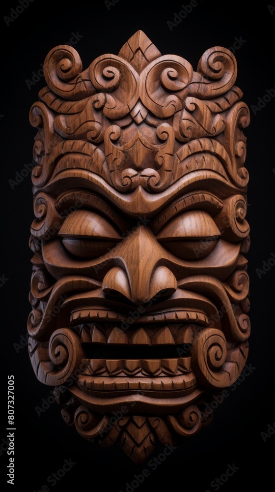 Intricate wooden tiki mask with ornate carvings Intricate wooden tiki mask with ornate carvings