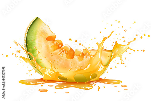 Fresh ripe slice of melon fruit with juice splash, isolated illustration on transparent background. Healthy food and tropical fruit drink, splashing fruit beverage liquid. PNG, cutout. photo