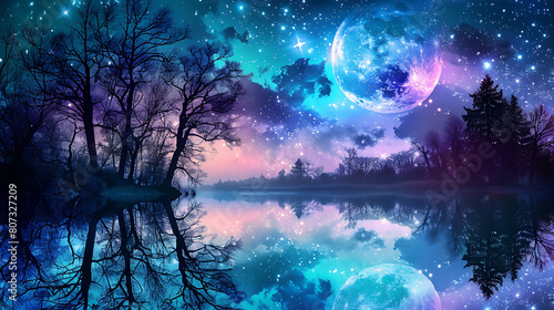 a serene and mystical night landscape. Here are the key elements  Moonlit Night  The scene is set at night  with a large  bright moon taking center stage