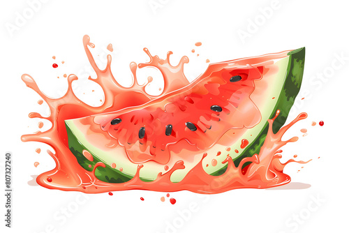 Fresh ripe slice of watermelon fruit with juice splash, isolated illustration on transparent background. Healthy food and tropical fruit drink, splashing fruit beverage liquid. PNG, cutout.