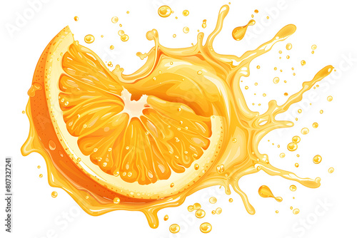 Fresh ripe slice of orange fruit with juice splash, isolated illustration on transparent background. Healthy food and tropical fruit drink, splashing fruit beverage liquid. PNG, cutout. photo